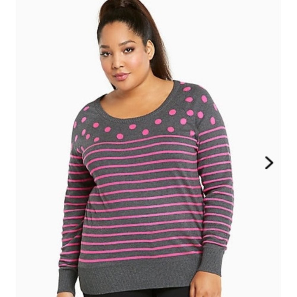 Torrid Polka Dot Striped Sweater 1X Gray Pink